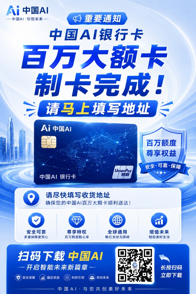 中国AI银行卡 百万大额卡 制卡完成 请填写收货地址